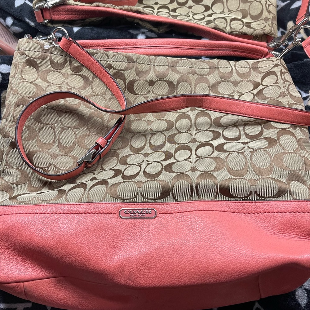 Coach messenger bag .peach leather/ brown monogram canvas 14x12
